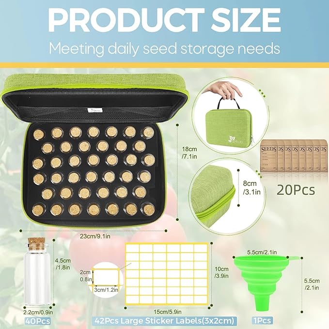 SMUJU 40 Slots Seed Storage Organizer with 20 Seed Envelopes, Sturdy Organizer Storage Box with Label Stickers, Glass Container for Flower Vegetable Garden Seed Saving (Seeds not Included)