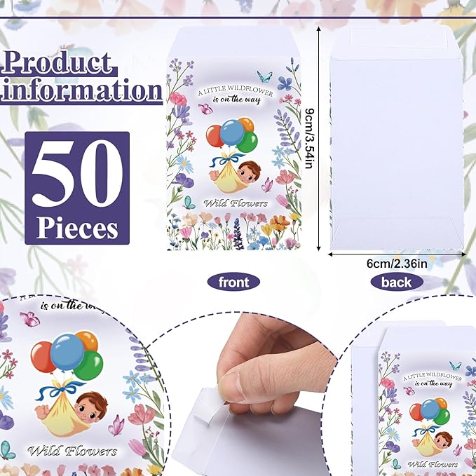 50 Sets Baby Shower Seed Packet a Little Wildflower is on The Way Party Favor Seed Packets White Flowerpot Thank You Tags and Organza Bags for Wildflower Baby Shower