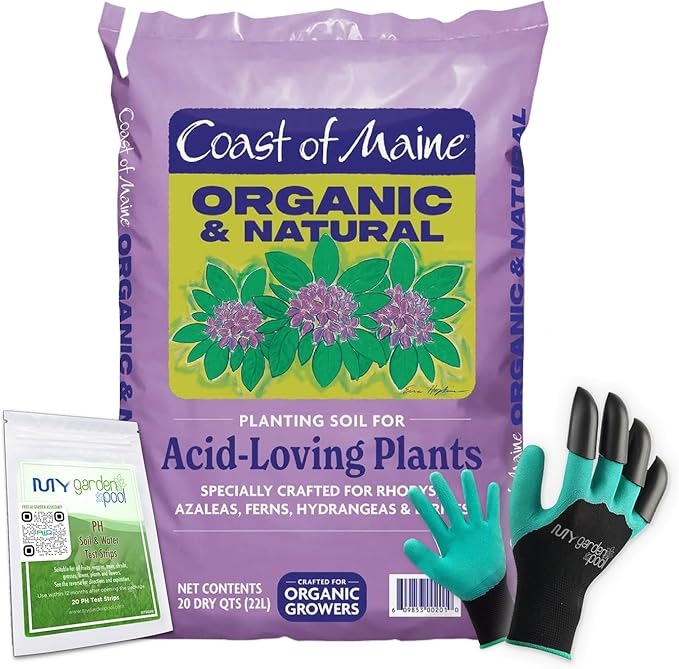 Coast of Maine AL3500 Acid-Loving Planting Soil 20 qt with My Garden Pool 7-in-1 Soil Test Strips, 20 ct. and Claw Gardening Gloves