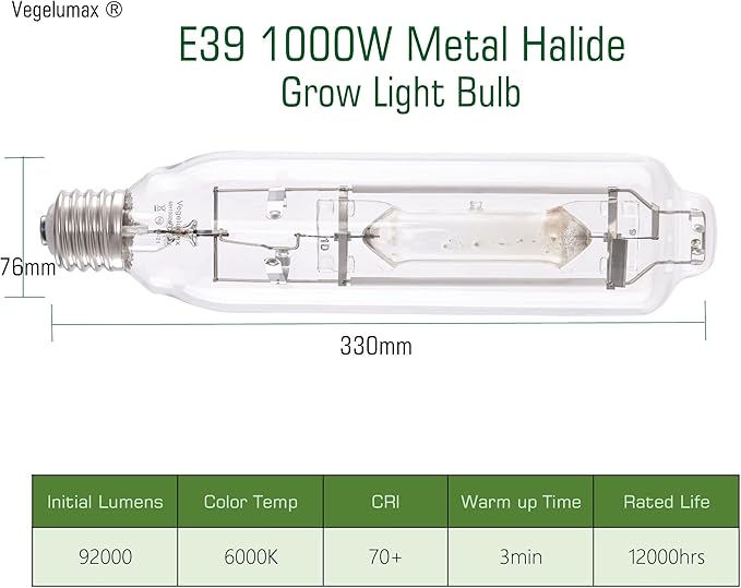 MH 1000W Metal Halide Single Ended HID Grow Light Bulb Lamp High PAR Enhanced Blue and Violet Spectrums for Hydroponic Horticulture Vegetative Growth,CCT 6000K,92,000Lumens,E39 Base