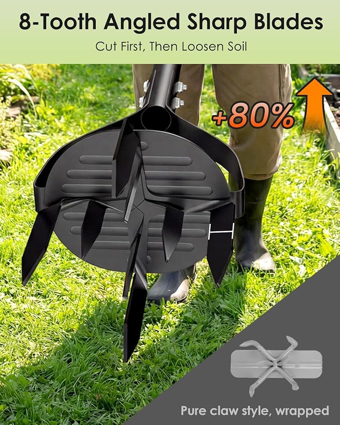 Hand Tiller for Gardening, 40 Inch Manual Soil Tiller with 8 Sharp Steel Teeth, Ergonomic T-Handle Garden Cultivator for Lawn, Planting, Tilling & Aerating