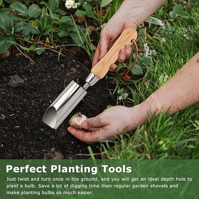 Bulb Planter Tool, 11" Stainless Steel Bulb Planter Tool, Garden Bulbs Transplanter Tools, Manual Hole Digger with Wood Handle, Dibble Tools for Seeding Planting, Flower Planters