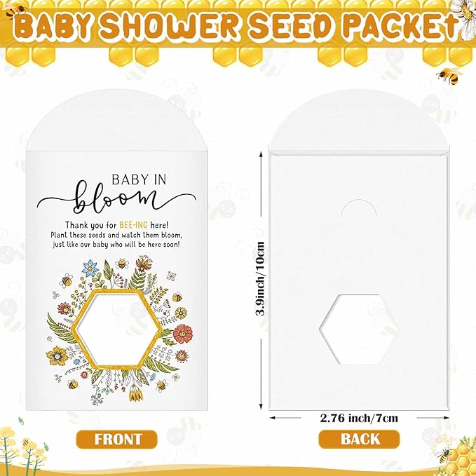 Fumete 50 Pack Baby in Bloom Seed Packets Baby Shower Party Favor for Guest Envelopes Kraft with Clear Window Resealable Seed Organizer Storage Bag for Gender Reveal Party, No Seeds(Bee)