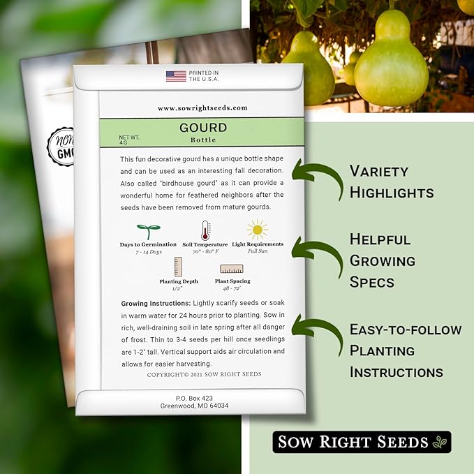 Sow Right Seeds - Bottle Gourd Seed for Planting - Non-GMO Heirloom Packet with Instructions to Plant and Grow an Outdoor Home Vegetable Garden - Ornamental Birdhouse Gourd for Crafting and Decor (1)