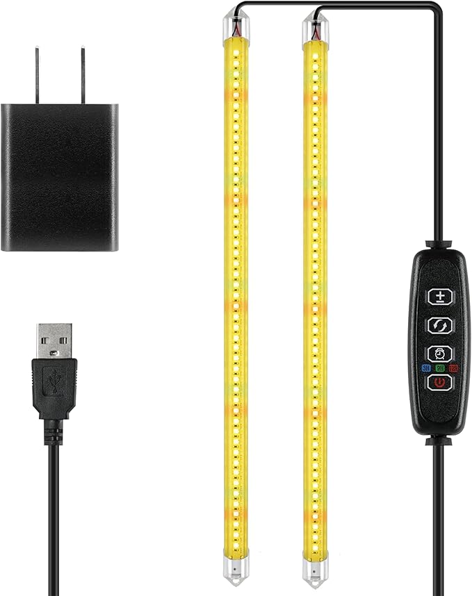 iPower 20W LED Grow Lights with Full Spectrum Plant Growing Light Strips for Indoor Plant with Auto ON/Off 3/9/12H Timer, 10 Dimmable Levels 48 LEDs Per Tude, 2 Tubes, Yellow