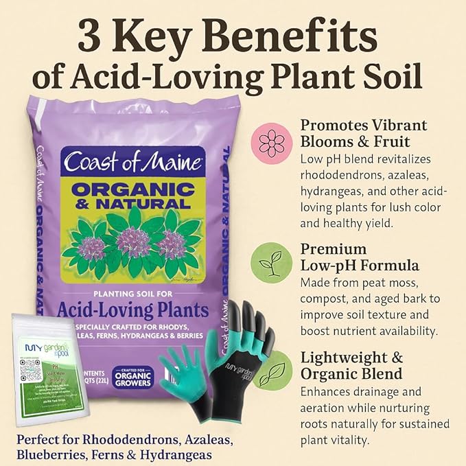 Coast of Maine AL3500 Acid-Loving Planting Soil 20 qt with My Garden Pool 7-in-1 Soil Test Strips, 20 ct. and Claw Gardening Gloves