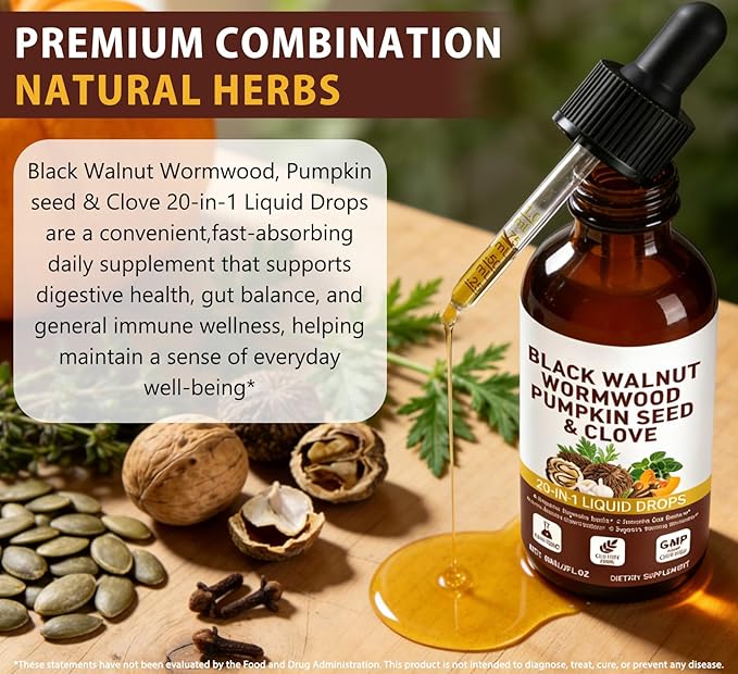 Wormwood Black Walnut Clove Cleanse drop For Humans Elimination, 20-in-1 Potent Herb Complex W/ Garlic/Oregano/Pumpkin Seed/Milk Thistle for Microbiome Balance, Antioxidant, Raspberry Flavor|2 Fl Oz