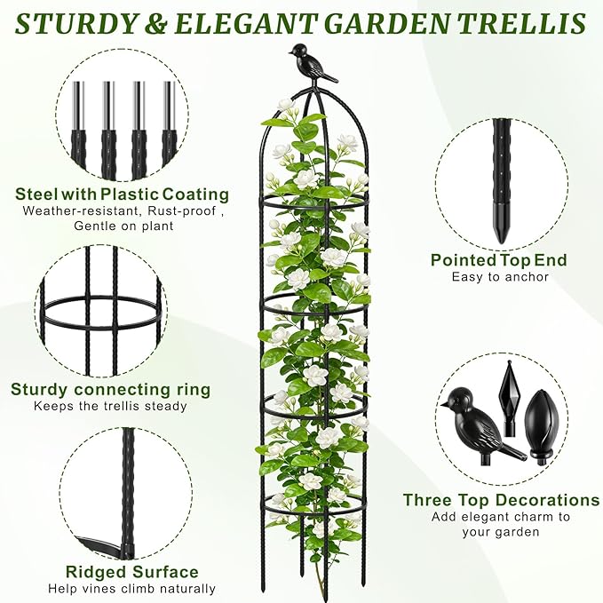 Obelisk Trellis for Climbing Plants, 6 Ft Garden Obelisk Trellis Rustproof Plastic Coated Metal Vine Plant Support Cage for Pots, Morning Glory, Clematis, Rose, Indoor and Outdoor Use, 1 Pack