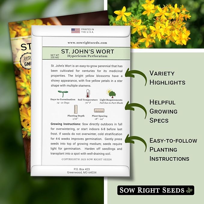 Sow Right Seeds - St John’s Wort Seeds for Planting - Non-GMO Heirloom Packet with Instructions to Plant & Grow an Outdoor or Indoor Herb Garden - Native Wildflower with Medicinal & Culinary Uses (1)