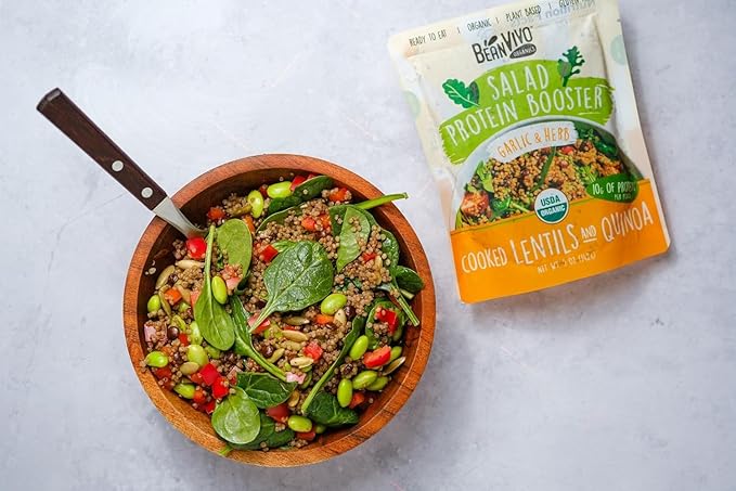 BeanVIVO 3-Pack Salad Protein Booster - Organic cooked Lentils & Quinoa with Garlic & Herbs, delivering a burst of taste and 10g of protein-packed goodness in every pouch 5oz