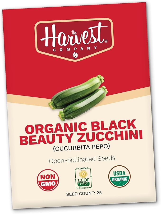 The Harvest Company Organic Black Beauty Zucchini, Non-GMO, Certified USDA Organic, Open-Pollinated Heirloom Garden Seeds for Indoor Outdoor Planting, 25 Seeds
