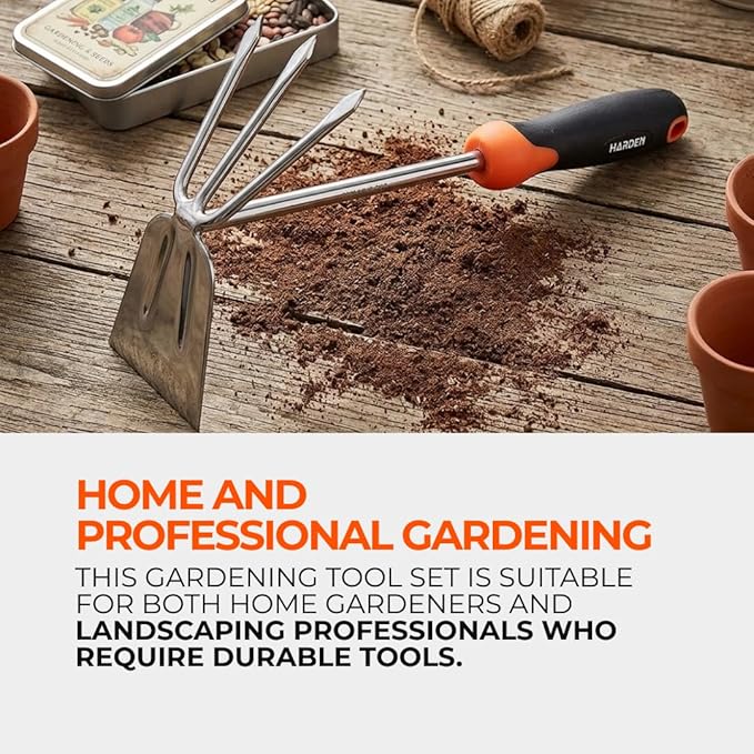 Garden Tool Set. Gardening Tool Set with Stainless Steel Spade and Combination Hoe Fork. Heavy Duty Rust Resistant Gardening Set with Ergonomic Non Slip Handle for Digging Planting and Weeding