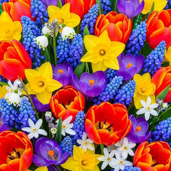 Beautiful Spring Flower Garden | 50 Fresh Bulbs | Top Size Bulbs, Easy to Grow Flower Bulb | Vibrant Spring Colors | Flower Blooms Tulip, Daffodil, Crocus, Muscari, Glory of The Snow