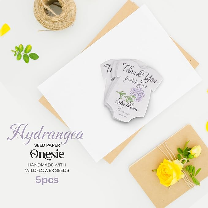 Seed Bloom Onesie Seed Paper – 5 Hydrangea Shower Favors for Guests with Wildflower Seeds, Writable & Plantable, Shower Favor Gifts for Guest