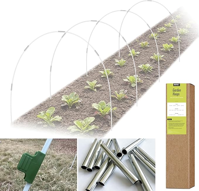 24 PCS Garden Hoops for Raised Beds, RIFNY Greenhouse Hoops Kit Long Grow Tunnel for Row Cover, Rust-Free Fiberglass Garden Support Poles for Insect Mesh Netting Freeze Plant Cover Frame
