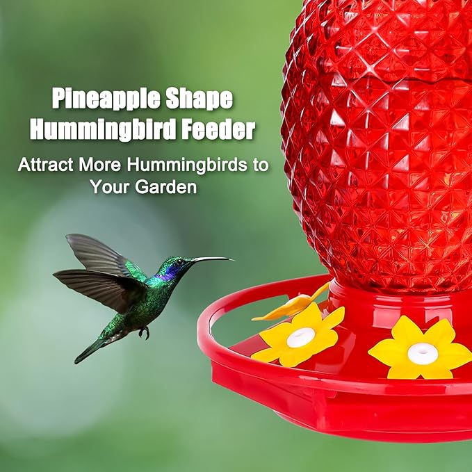Fchstaer Glass Hummingbird Feeders for Outdoors Hanging Ant and Bee Proof 16OZ 1 Pack Red Pineapple Humming Bird Feeder with 6 Feeding Ports and Ant Moat Hummingbird Gifts for Women Garden Decor