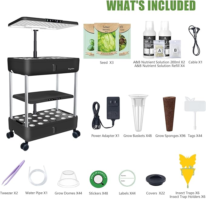 DRYADES 44-Pod Indoor Hydroponic Growing System + 3 Free Seeds Starter Kit (Lettuce, Salad Mixed, Basil Seeds) – Dual 53W Full-Spectrum LED, 10-L Water Tank, 2-Tier Grow Pods (44 Pods)