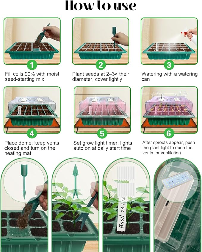 Seed Starter Tray with Grow Light and Heat Mat, Seed Starter Kit with Humidity Dome and Timing Controller, Adjustable Vent and Brightness, Ideal Germination Tray for Seed Starting and Seedling Growing
