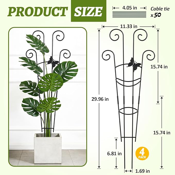 Plant Trellis 4 Pack Plant Trellis Indoor 29.96 in Expandable Metal Garden Trellis for Climbing Plants Sturdy Houseplant Support for Potted Plants with Ties Support for Ivy Pothos Hoya