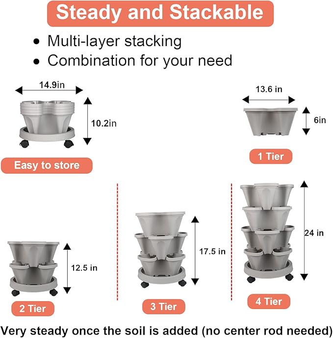 GameXcel Vertical Planter 4 Tier Stackable Planters Garden Planters Strawberry Herb Flower and Vegetable Planter Indoor Outdoor Gardening Pots with Removable Wheels and Tools 2-Pack