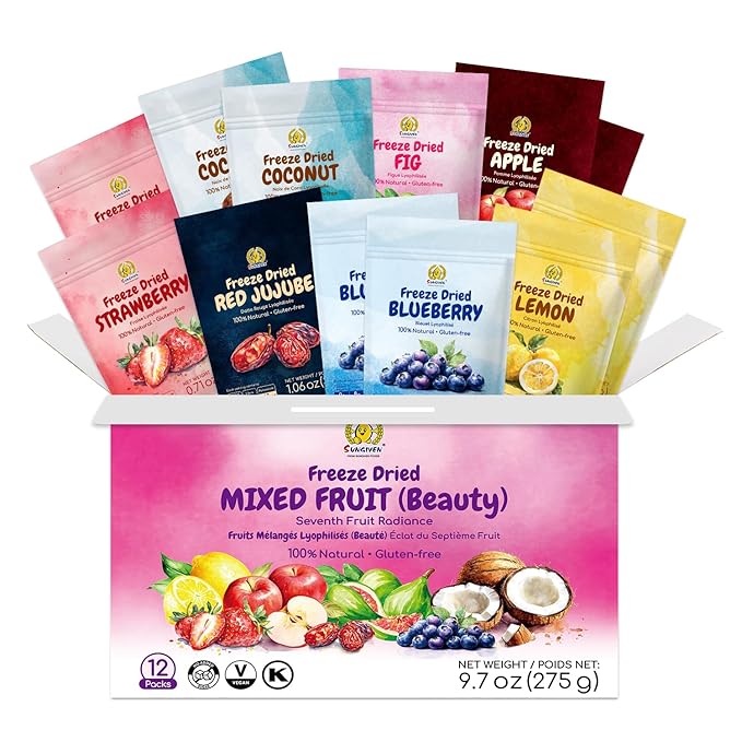 SUNGIVEN Freeze Dried Fruit Mixed for Beauty, Variety Pack of 12 Bag, 7 Kinds of Fruit, Health Snack, Rich in Vitamins, Apple Strawberry Blueberry Lemon Coconut Fig Red-Dates, No Sugar Added, 9.7 oz