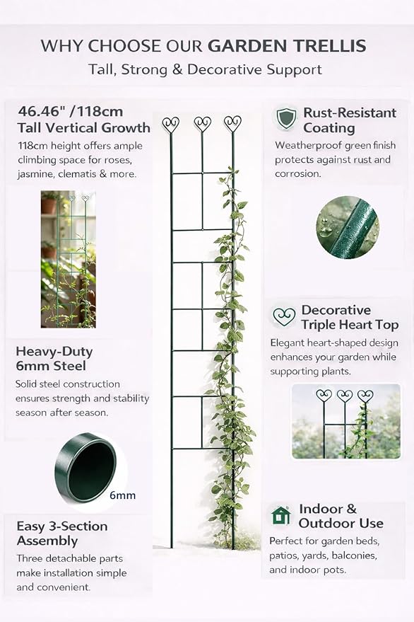46 inch Plant Trellis for Climbing Plants, Metal Garden Trellis for Potted Houseplants Indoor & Outdoor, Rustproof Plant Support for Ivy Pothos Monstera Hoya Flower Vine, 1Pcs, Green