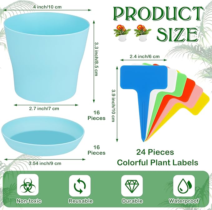 Aodaer 16 Pack 4 Inch Plastic Planters with Multiple Drainage Holes and Tray Indoor Outdoor Flower Plant Nursery Pots with Labels Flower Seedling Pots for Herb Garden Home Succulents, Assorted Colors