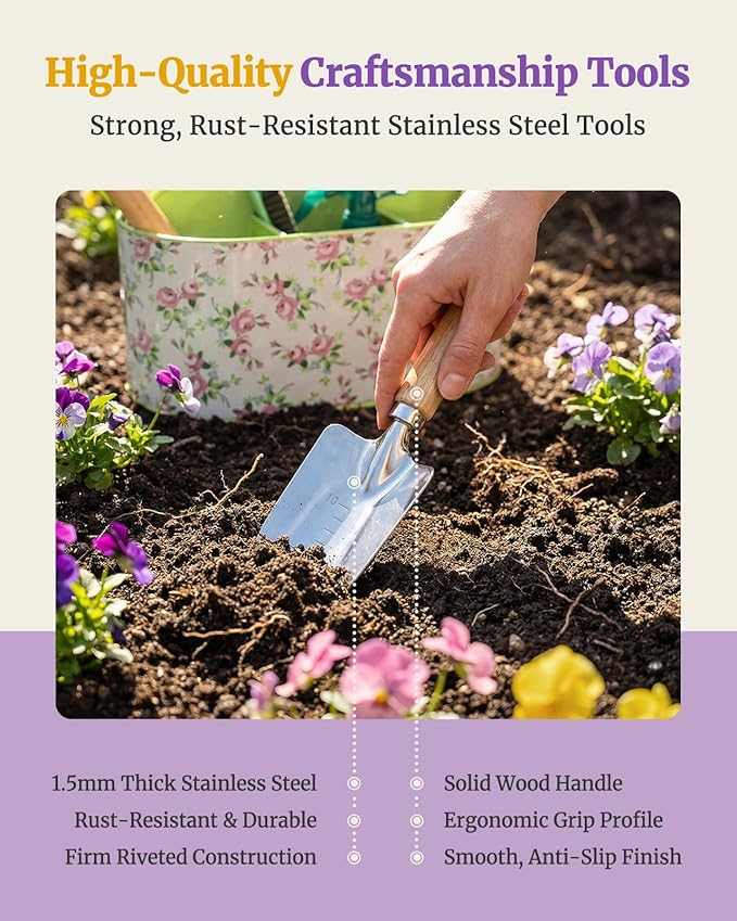 9-Piece Garden Tool Set, Heavy Duty Metal Storage Basket with 4 Compartments, Premium Stainless Steel Gardening Tools with Ergonomic Gardening Kit for Planting, Gardening Gift for Men Women
