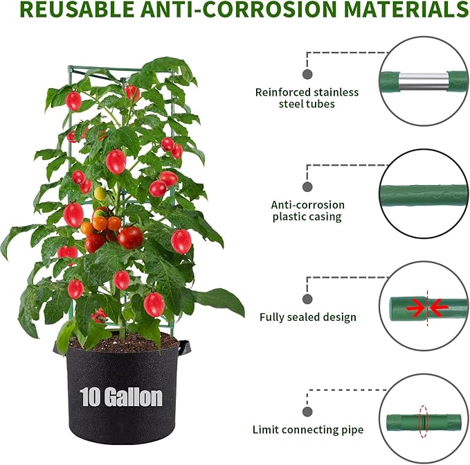 PASARA Tomato Cages with Grow Bags - 50 Inches Tomato Trellis for Raised Garden Bed, 3-Pack Tomato Plant Support, with 10 Gallon Plant Grow Bags, Reusable and Height Adjustable