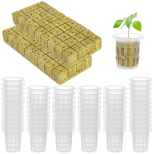 72 Rockwool Cubes & Net Pots Set, Hydroponic Kit, Stonewool Plugs with Net Cups, Hydroponics Starter Kit, Efficient Water Retention, Quick Germination for Seedling Growth