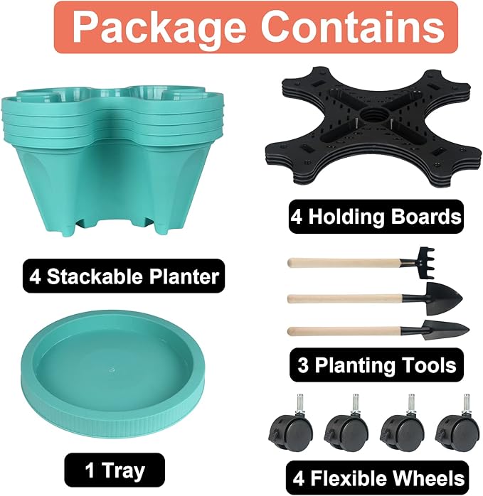 GameXcel Vertical Planter 4 Tier Stackable Planters Garden Planters Strawberry Herb Flower and Vegetable Planter Indoor Outdoor Gardening Pots with Removable Wheels and Tools