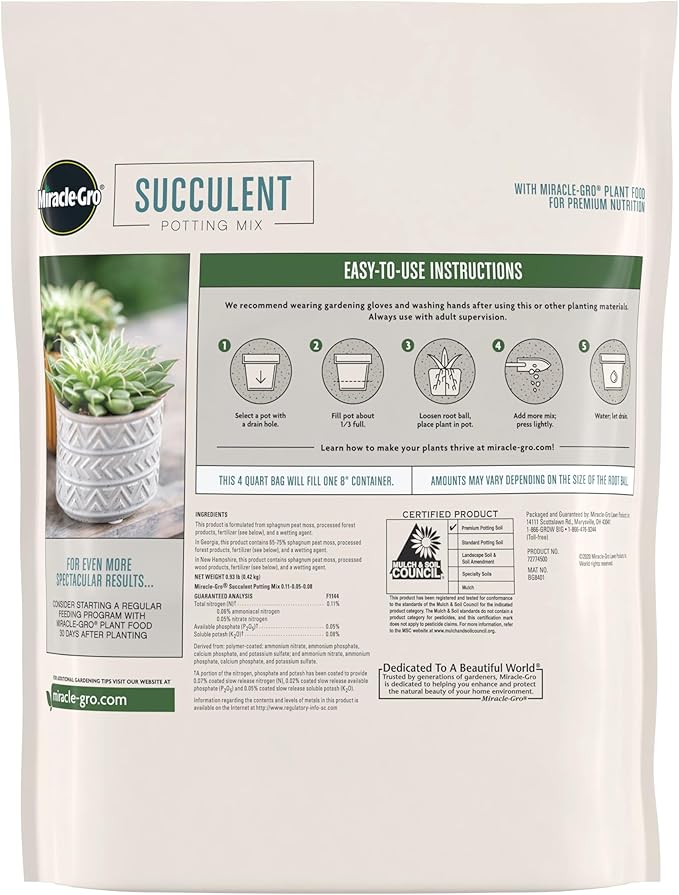 Miracle-Gro Succulent Potting Mix - Potting Soil Mix for Indoor Succulents, Aloe Vera and More, Made with Miracle-Gro Plant Food, 4 qt. (3-Pack)