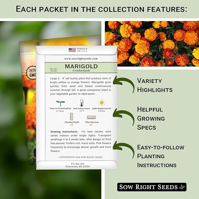 Sow Right Seeds - Marigold Collection Flower Seeds for Planting - Non-GMO Heirloom Packet with Instructions - Crackerjack, Sparky & Dainty Marietta - Companion Plants Attract Pollinators, Deter Pests