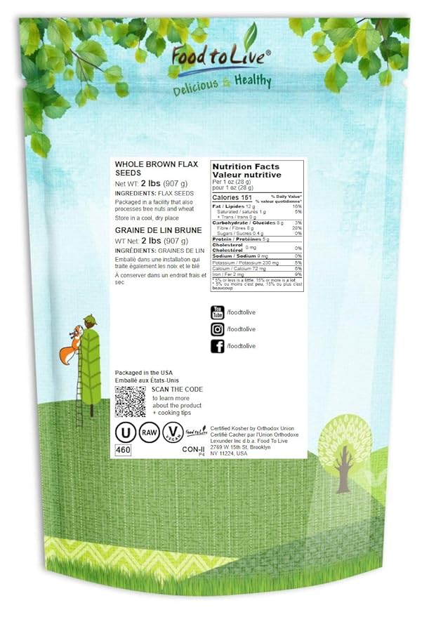 Food to Live - Brown Flax Seeds, 2 Pounds Raw Whole Flaxseed, Kosher, Vegan, Bulk. High Dietary Fiber Food. Rich in Omega-3 Fats. Great for Salads, Baked Goods, Smoothies, Oatmeal, and Yogurt.