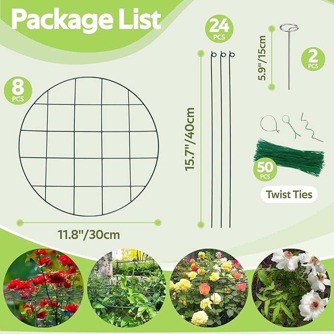 8 Pack Peony Cages and Supports - Grow Through Plant Support for Outdoor Plants - Sturdy Metal Support Frame for Peonies, Roses Flower Garden Cage - Wide Top Rings Bouquet Shape 12" D x 16" H