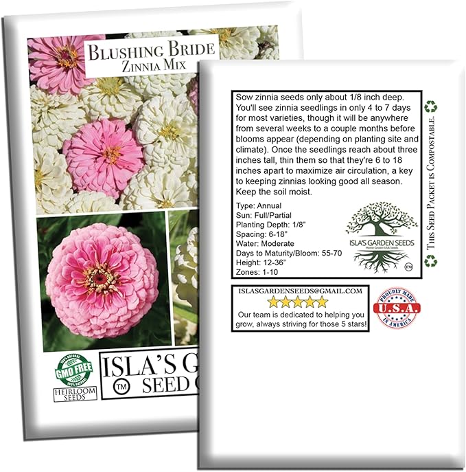 Blushing Bride Mix Zinnia Seeds (Zinnia elegans) – 200+ Heirloom Non-GMO Seeds by Isla’s Garden Seeds, Soft White & Pink Blooms, Elegant Cut Flowers, Long Blooming, Garden Gift Idea
