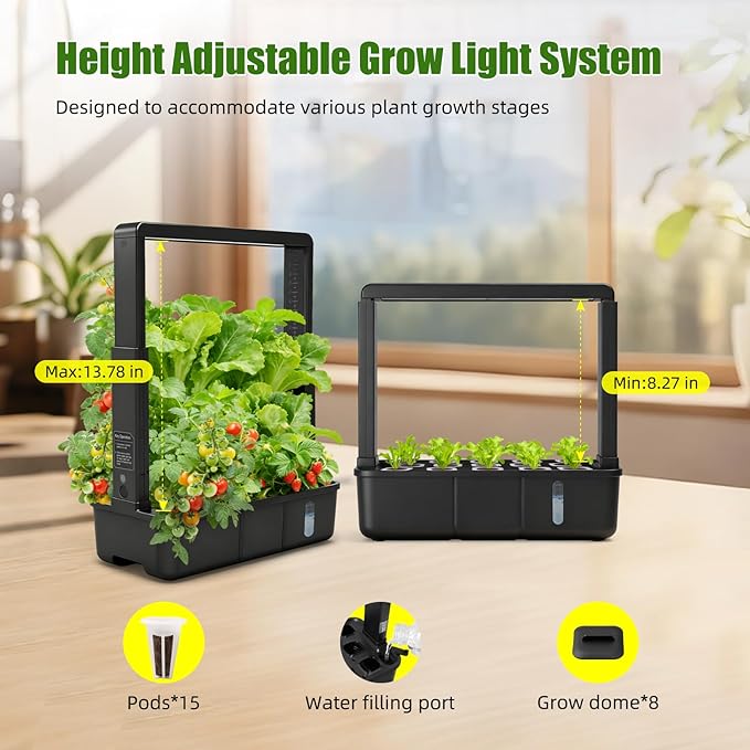 15-Pod Indoor Hydroponic Growing System with LED Grow Light, Smart Garden Kit, Adjustable Height, Auto Timer and Quiet Water Pump for Herbs