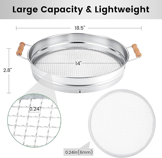Stainless Steel Soil Sifter with Wood Handle - 14 Inch Large Garden Sieve & Compost Screen Pan for Dirt, Rocks, Gravel & Sand - Heavy Duty Rustproof Mesh (6mm)