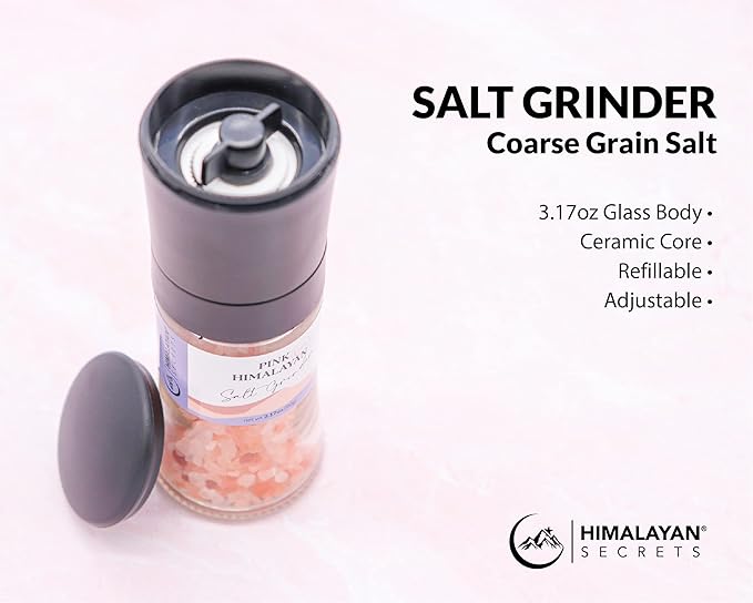 Himalayan Secrets Pink Salt Coarse Grinder - Natural Gourmet Cooking Salt, Kosher Certified, Unrefined, Mineral Rich, Bold Flavor, No Additives, Refillable Container with Ceramic Mill (3.17 oz)