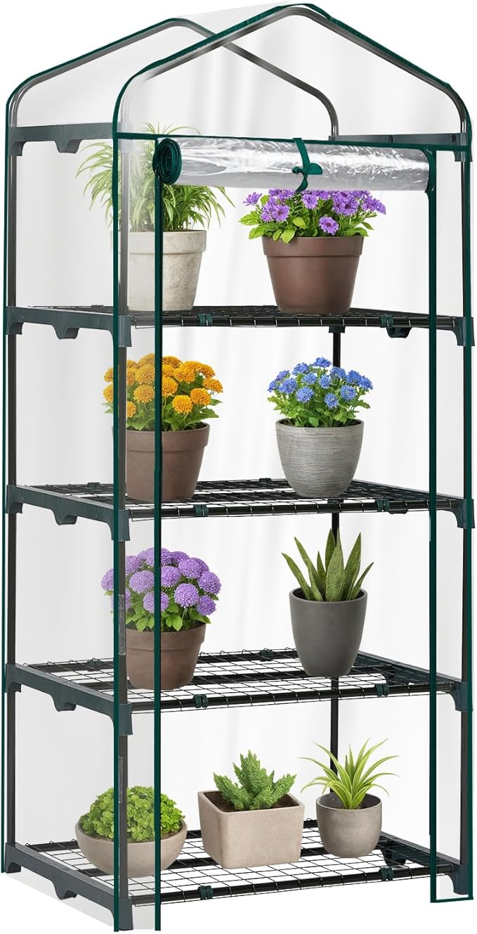 Outvita Mini Greenhouse, Small PVC Plant Green House with 4 Tiers Rack, Shelf Clips, Roll-up Zipper Door, Gardening Supplies for Indoor Outdoor Seedling Frost Protection, 27"x19.6"x63" Transparent