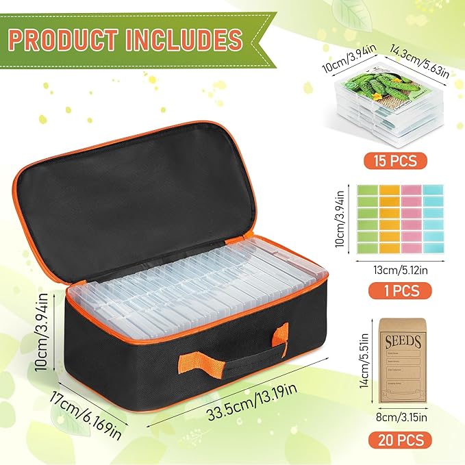 FACULX 15 Slots Seed Storage Box with 20 Seed Envelopes, Large Capacity Seeds Organizer Container with Zipper Bag Label Stickers, Seeds Saving Container for Garden Vegetable and Flower (Orange)