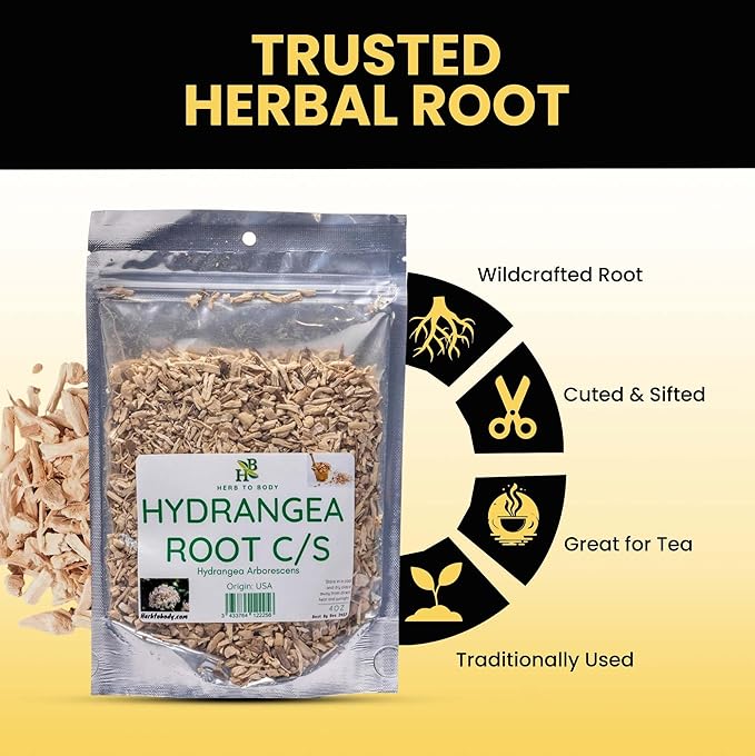 Herb To Body Hydrangea Root Cut & Sifted - 4 oz, Wildcrafted Dried Hydrangeas for Herbal Tea, Hydrangea Root Tea and Traditional Wellness Uses