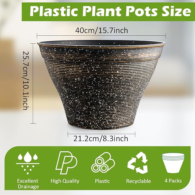 15.7 Inch Plant Pots 4 Pack, Large Planter Pots for Plants Indoor Outdoor, Sturdy Plastic Flower Pots with Drainage Hole, Retro Decorative Garden Pots, Plant Containers for House, Black