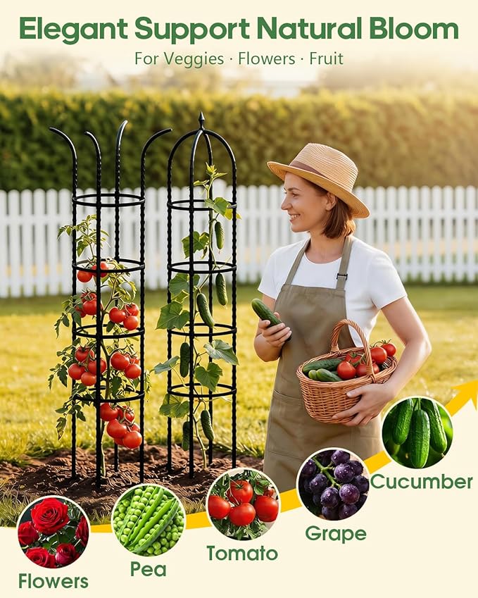 Joyhalo 2 Pack Trellis for Climbing Plants Outdoor, 74 Inch High Adjustable Garden Trellis for Flowers, Black Plastic Coated Steel Plant Stakes Use As Tomato Cage