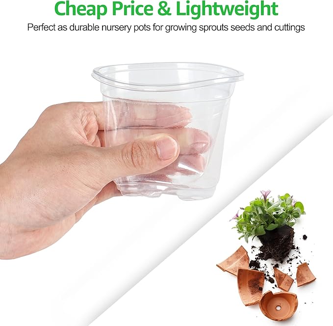 Bonviee 30 Sets Plant Nursery Pots with Humidity Domes, 4 Inch Clear Nursery Pots (30 Pots + 30 Clear Lids), Seed Starter Pots Small Planter Containers with Drain Holes with 10 Plant Labels- Clear