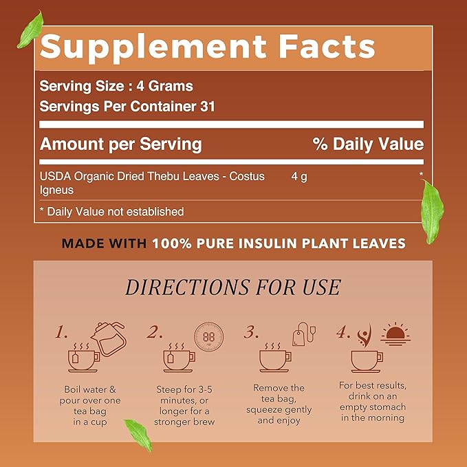 True Vine Insulin Plant Tea (USDA Organic) — Herbal Organic Tea Bags for Blood Sugar Support, Digestive Wellness & Metabolic Balance — 100% Natural, Caffeine-Free, No Additives – 31 Sachets (4g Each)