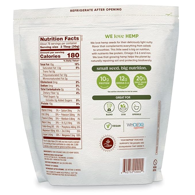 Nutiva Organic Raw Shelled Hemp Seed, USDA, Non-GMO, Non-BPA, Whole 30 Approved, Vegan, Gluten-Free & Keto, 10g Protein and 12g Omegas per Serving for Salads, Smoothies & More, 48 Ounce