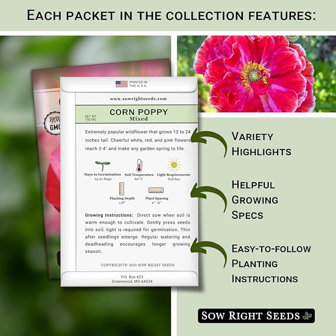Sow Right Seeds - Poppy Flower Seeds Collection for Planting - Corn, Oriental, American Legion - Non-GMO Heirloom Varieties to Plant & Grow a Beautiful Garden - Perfect for Wildflower Cottage Garden