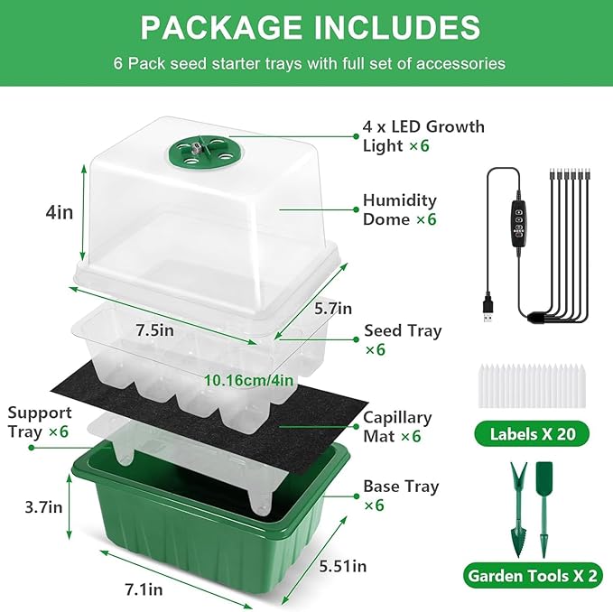 YAUNGEL Self-Watering Seed Starter Trays with Grow Light, 6-Pack 72-Cell Seed Starter Kit with Timing Controller Adjustable Brightness, Thicken Seed Starter Kit Humidity Dome Heightened Lids, Green