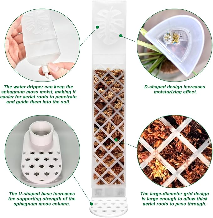 4 Psc 9 Inch D Shaped Moss Pole with Watering Dripper, Plastic Moss Poles for Climbing Plants, Sturdy Monstera Plant Support, Self Watering Moss Pole Kit for Plants Indoor(White)